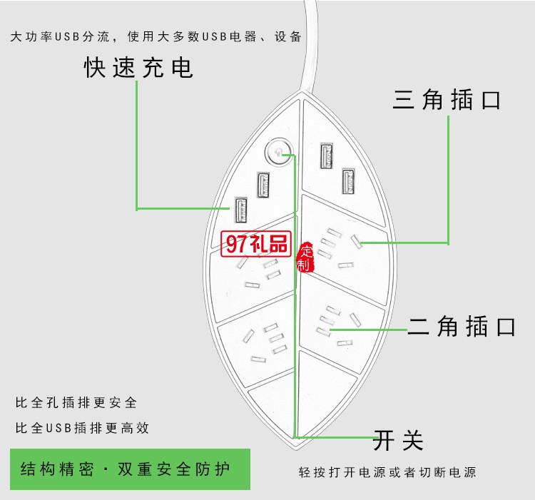 萬達(dá)定制創(chuàng)意USB智能插排樹葉拖線插座定制公司廣告禮品