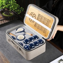 霽藍(lán)雙側(cè)把壺旅行茶具套裝茶盤(pán)便攜家用茶壺戶(hù)外辦公陶瓷
