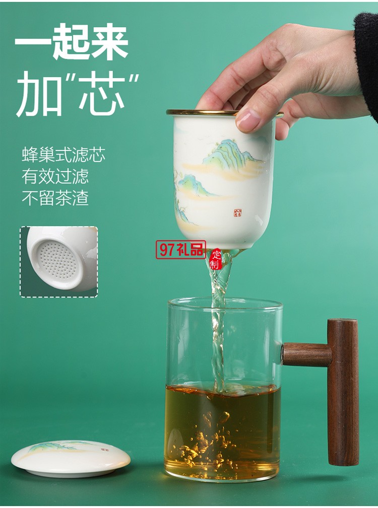 創(chuàng)意耐熱玻璃杯水杯馬克杯陶瓷內膽過濾辦公杯茶杯木手柄泡茶杯