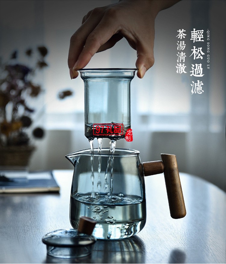 煙榭壺套裝 玻璃泡茶壺 茶水分離器耐高溫過(guò)濾木把側(cè)把壺