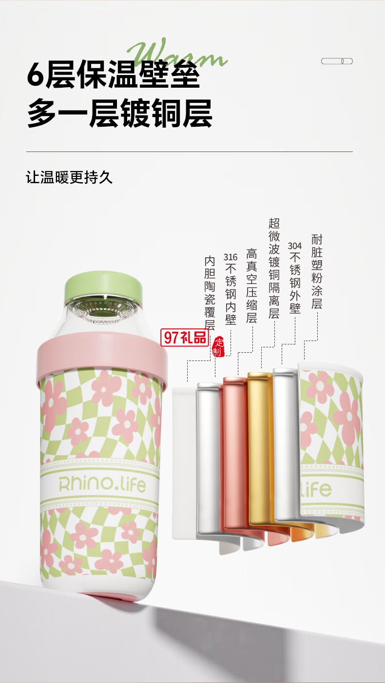 獨(dú)角犀 Rhino.life智能溫顯保溫提手杯淺荷綠色小清新水杯