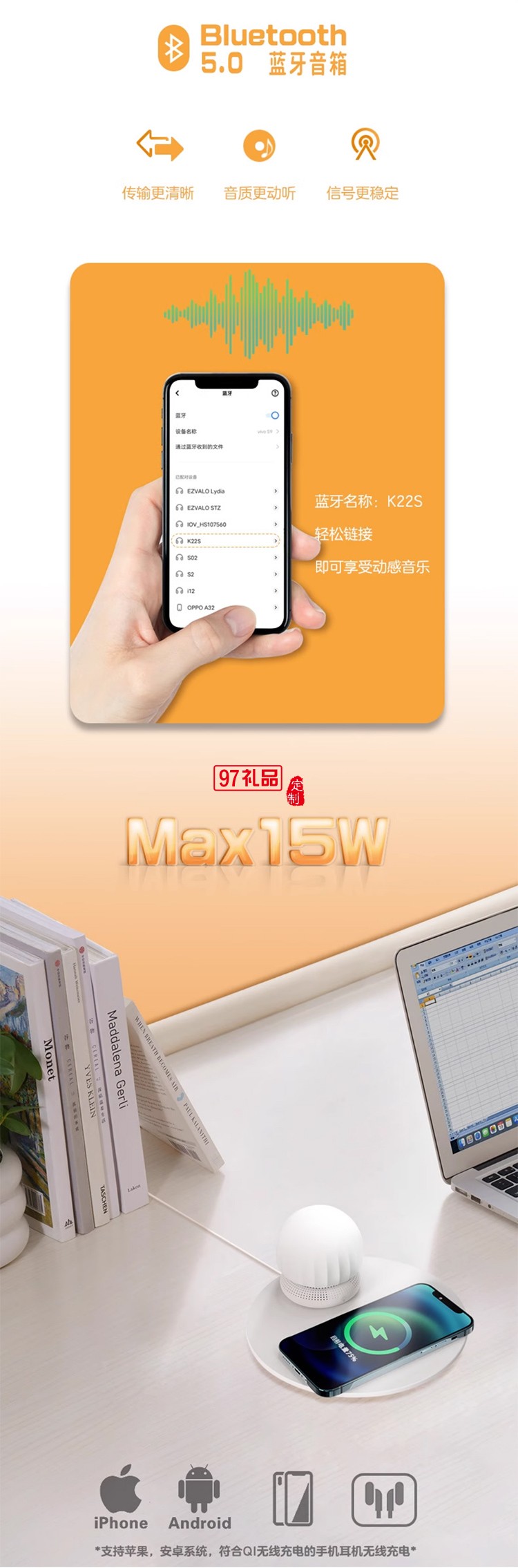 藍(lán)牙音響無線充小夜燈分體式便攜戶外露營燈