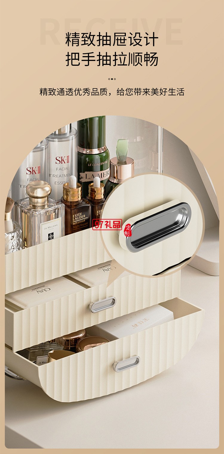 桌面化妝品收納盒防塵翻蓋化妝品抽屜式梳妝臺(tái)香水置物架子