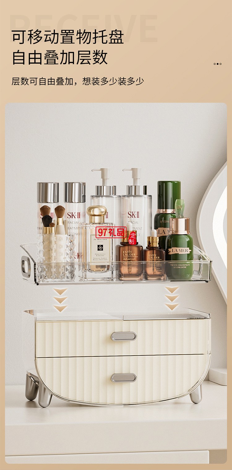 桌面化妝品收納盒防塵翻蓋化妝品抽屜式梳妝臺(tái)香水置物架子